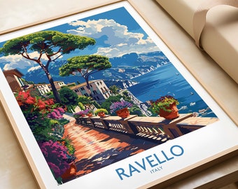 May include: A colorful illustration of a scenic view of Ravello, Italy. The image shows a winding path lined with lush greenery and colorful flowers, leading to a stone wall overlooking the Mediterranean Sea. The text "Ravello, Italy" is displayed at the bottom of the image.