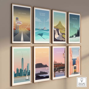 May include: A set of 8 minimalist travel posters featuring iconic landmarks and cityscapes. The posters are framed in a light wood frame and are arranged in two rows of four. The posters feature destinations such as Las Vegas, Cayman Islands, Iceland, Finland, New York, Cape Town, Prague, and Lisbon.