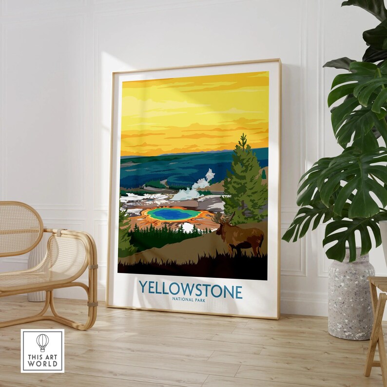 Yellowstone National Park art print with geyser, elk, and colorful landscape in modern room