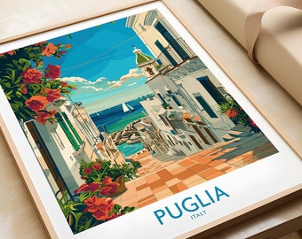 Puglia Print Italy Travel Poster, Rustic Village Wall Decor, Vintage Style Souvenir, Italian Gift Idea, Colorful Landscape Artwork