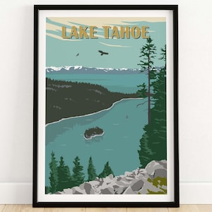 Impresión de póster vintage del lago Tahoe / Arte mural del lago Tahoe / Decoración de pared del lago Tahoe, California / Regalo natural del lago Tahoe