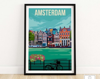 Amsterdam Vintage Travel Poster | Amsterdam Print | Netherlands Travel Print | Wall Art | Amsterdam Poster | Skyline Art | Amsterdam Gift