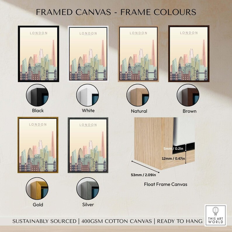 London Skyline Print | Wall Art framed canvas options including black, white, natural, brown, gold, and silver.