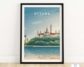 Puede incluir: Una ilustración colorida de los Edificios del Parlamento en Ottawa, Canadá. Los edificios están situados en una pequeña isla con un río en primer plano y un reflejo de los edificios en el agua. El texto "OTTAWA CANADA" está en la parte superior de la imagen.