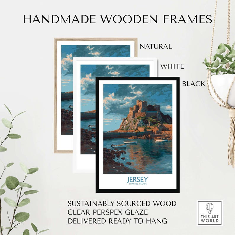 Jersey Channel Islands Art Print - Mont Orgueil Castle displayed in handmade wooden frames of natural, white, and black colors.