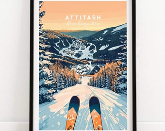 Attitash Ski Muurposter Wintersport Cadeau voor Skiër Berghut Skihuis Decoratie Attitash Ski Lodge Print Woondecoratie Skikamer