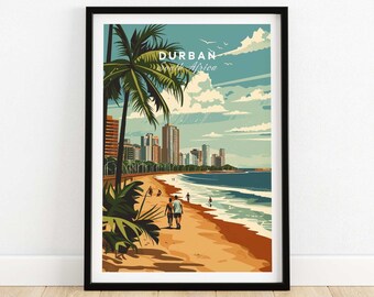 May include: A colourful illustration of the Durban skyline in South Africa. The image features palm trees, a beach, and a cityscape with tall buildings. The text "Durban South Africa" is displayed at the top of the image.