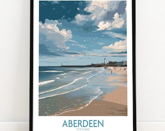 Lámina artística con escena de la playa de Aberdeen, colores costeros vibrantes (con o sin marco).