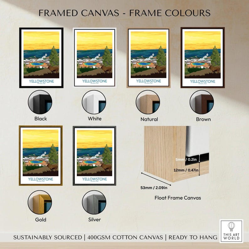 Yellowstone National Park wall art in six frame color options, canvas print, home decor