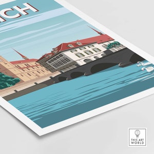 May include: A colorful illustration of a cityscape with a bridge and a river. The buildings are in a European style with red roofs and white walls. The river is blue and there are white swans swimming in it. The text "ZURICH" is at the top of the image.
