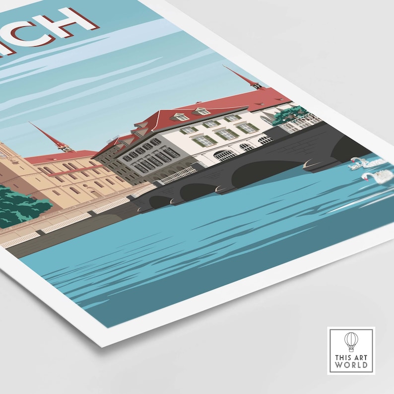 May include: A colorful illustration of a cityscape with a bridge and a river. The buildings are in a European style with red roofs and white walls. The river is blue and there are white swans swimming in it. The text "ZURICH" is at the top of the image.