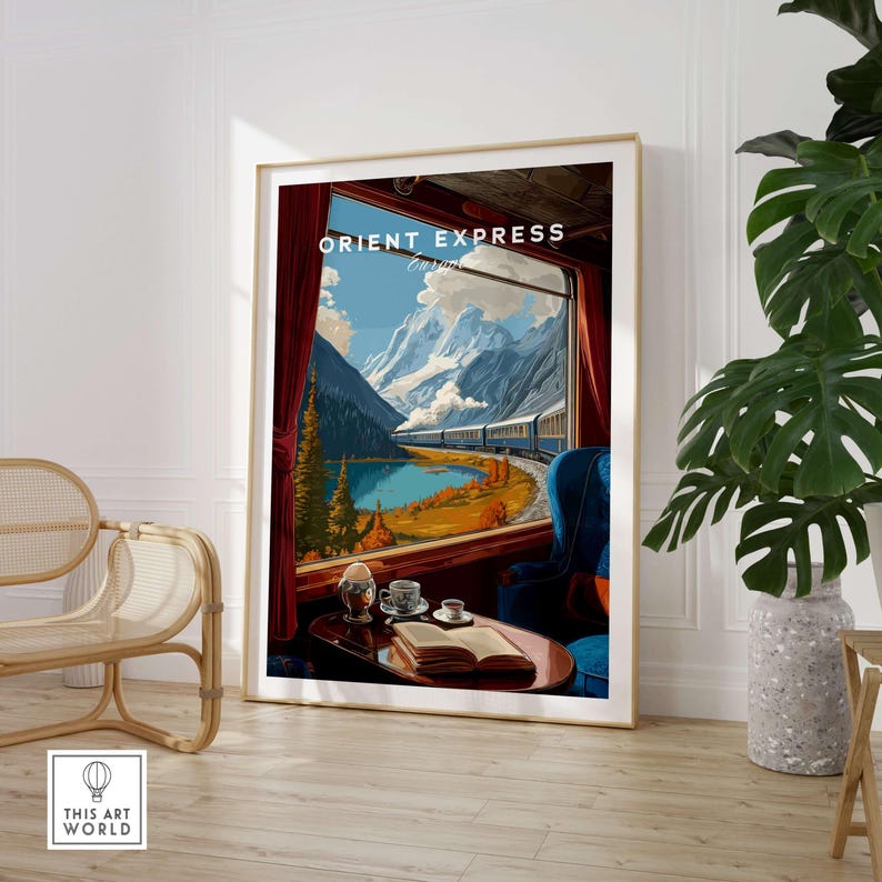 Orient Express Train Print | Vintage Rail Travel Decor featuring a scenic view from a train window.