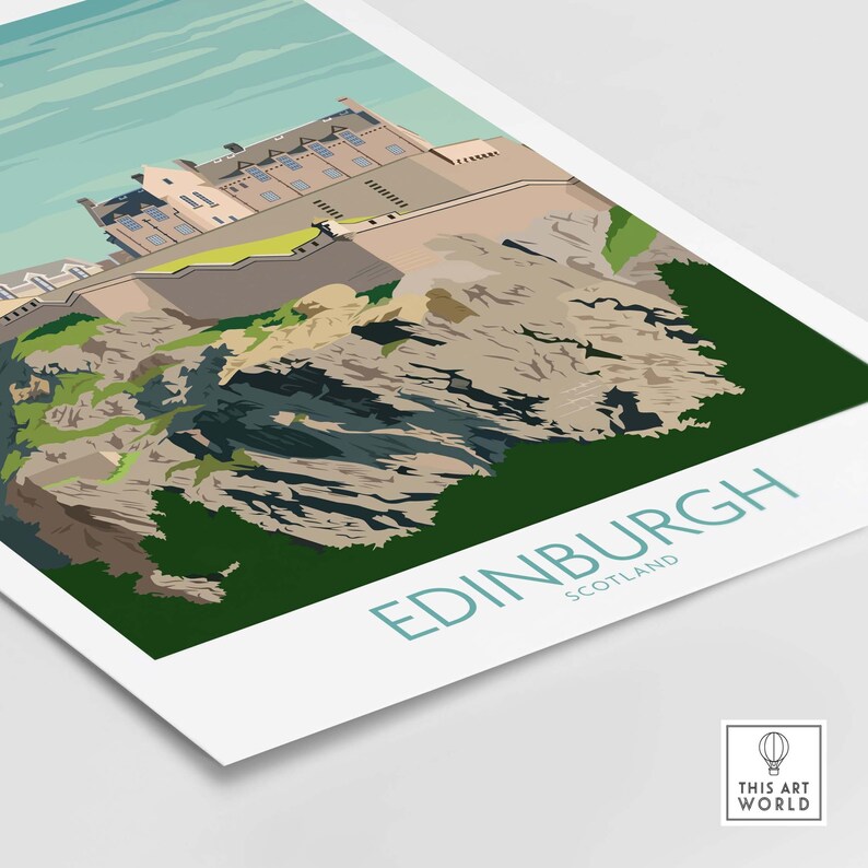 May include: A colorful illustration of Edinburgh Castle, a historic fortress perched on a rocky hilltop. The castle is depicted in a light brown color with white windows, and the hill is a mix of green and brown. The text "EDINBURGH SCOTLAND" is written in a teal blue font at the bottom of the image.