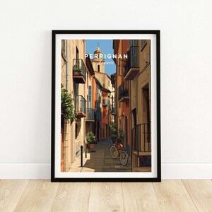 Perpignan Poster French Village Art, Vintage Wall Decor, Scenic Travel Print, Framed and Unframed, French Country Office Accent