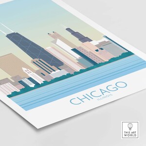 May include: A stylized illustration of the Chicago skyline with the text "CHICAGO ILLINOIS" below. The skyline is depicted in shades of blue, gray, and beige, with a blue river in the foreground.