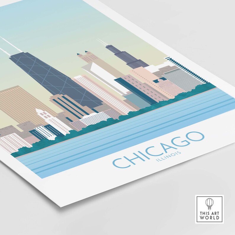 May include: A stylized illustration of the Chicago skyline with the text "CHICAGO ILLINOIS" below. The skyline is depicted in shades of blue, gray, and beige, with a blue river in the foreground.