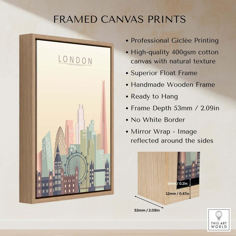 London Skyline Print | Wall Art showcasing a framed canvas with London cityscape illustration and wooden frame.