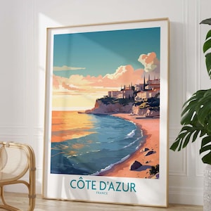 Plakat podróżniczy „Lazurowe Wybrzeże” | Prezent na plakat do dekoracji domu | Cyfrowa ilustracja artystyczna