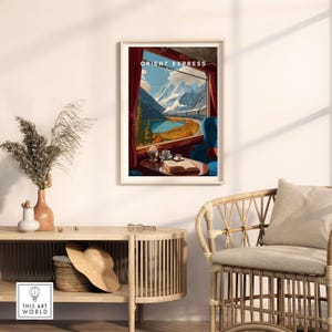 Orient Express Train Print | Vintage Rail Travel Decor featuring a scenic view from a train window.