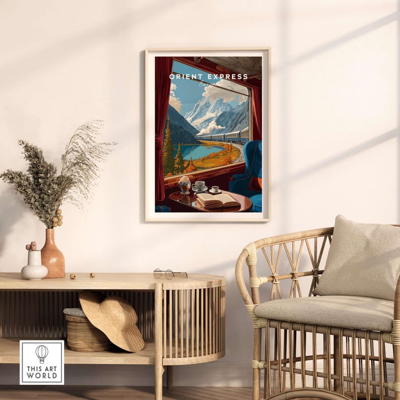 Orient Express Train Print | Vintage Rail Travel Decor featuring a scenic view from a train window.