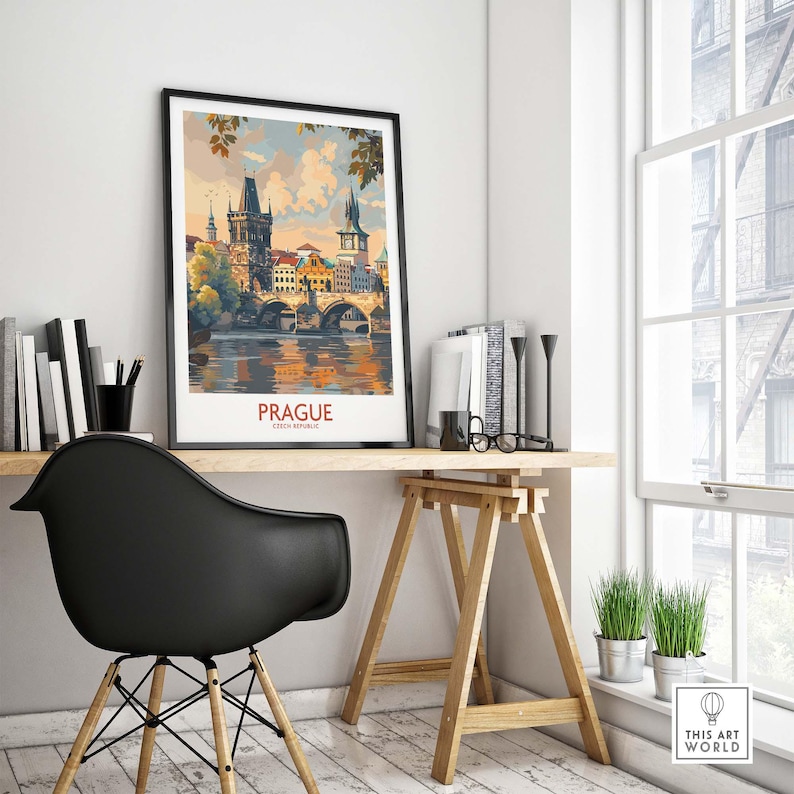 Prague Travel Poster showcasing the iconic architecture and serene river view in a stylish office setting.
