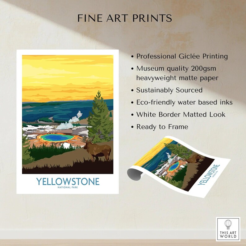 Yellowstone National Park fine art print with elk, geyser, trees, and sunset colors, unframed