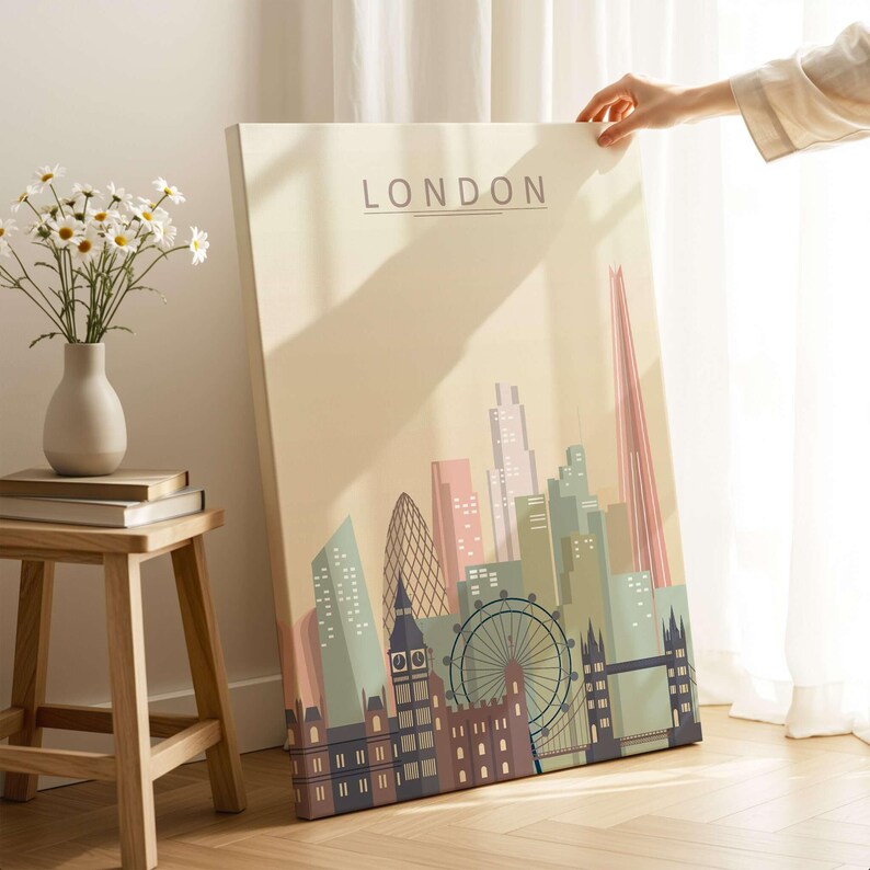 London Skyline Print | Wall Art featuring iconic buildings and structures in soothing beige tones.