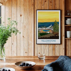 Yellowstone National Park framed art print hanging in rustic wood kitchen setting