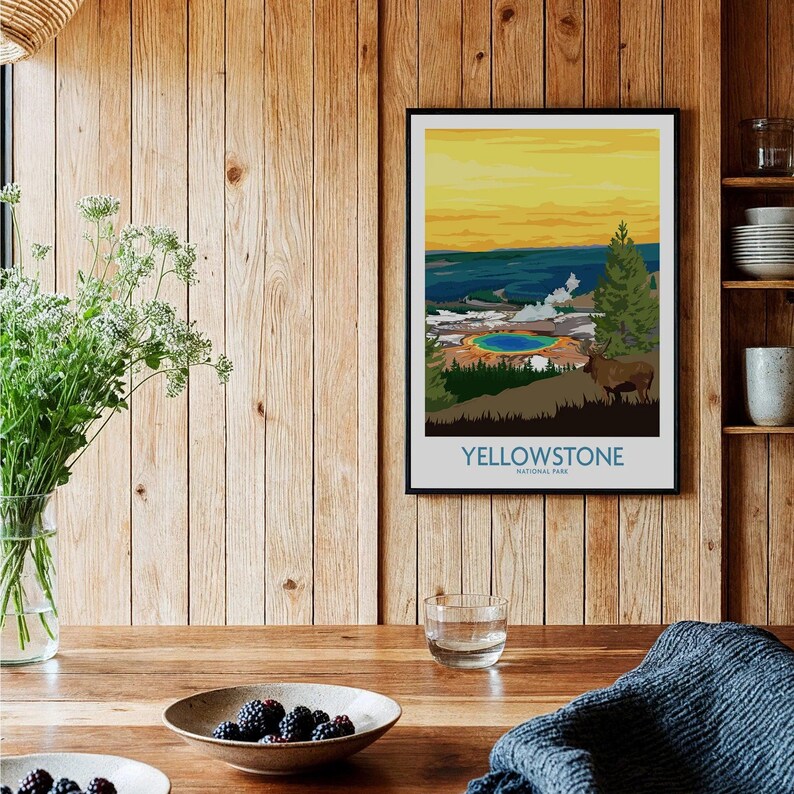 Yellowstone National Park framed art print hanging in rustic wood kitchen setting