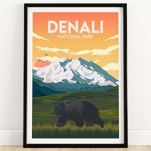 Denali Print | National Park Poster | Alaska Travel Poster | Bear Art Print | Framed & Unframed Wall Art Gift Idea