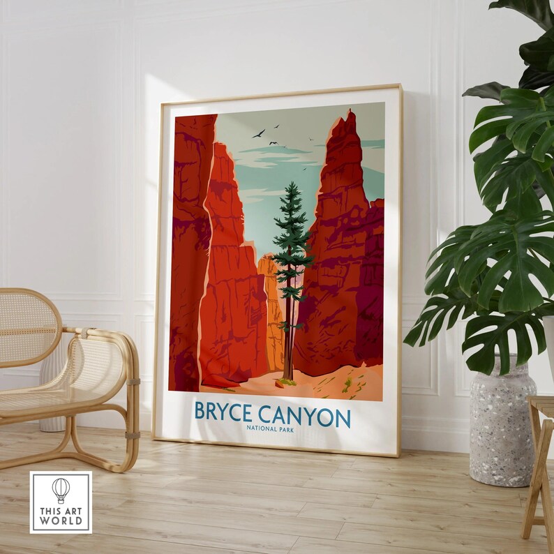 Framed Bryce Canyon National Park travel poster in stylish room with chair and plant
