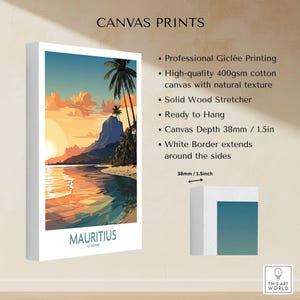 Le Morne Mauritius Wall Art canvas print specifications: 400gsm cotton canvas, solid wood stretcher, 38mm depth, mirror wrap
