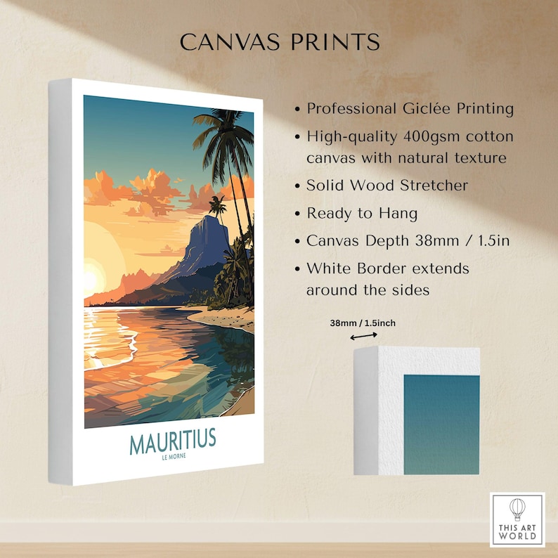 Le Morne Mauritius Wall Art canvas print specifications: 400gsm cotton canvas, solid wood stretcher, 38mm depth, mirror wrap