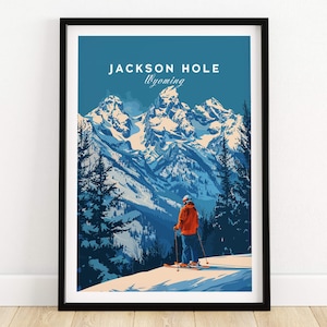 Jackson Hole Ski Poster -  Wyoming featuring a skier against the majestic mountains of Wyoming in vibrant colors.