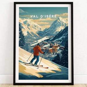 Arte mural de esquí, impresión de la cabaña de esquí de Val-d&#39;Isère, decoración del hogar, arte de la habitación de esquí, regalo familiar, regalo francés, amantes del arte, arte de esquí, póster de Val-d&#39;Isère, deportes de invierno