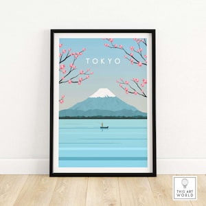Tokyo Print | Japan Travel Poster | Tokyo Japanese cherry blossom wall art print with Mount Fuji | Minimalist Artwork Gift