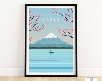 Tokyo Print | Japan Travel Poster | Tokyo Japanese cherry blossom wall art print with Mount Fuji | Minimalist Artwork Gift