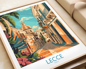 Impresión artística de pared de Lecce, póster de viaje de Italia, decoración del hogar de Apulia, ilustración de ciudad italiana, regalo para amantes del arte