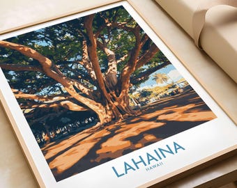 Poster di viaggio di Maui, albero di banyan tropicale Lahaina (senza cornice o con cornice)