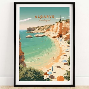 Póster de playa del Algarve / Póster de viaje / Obra de arte enmarcada y sin marco / Idea de regalo de cumpleaños o aniversario de bodas