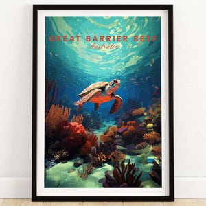May include: Framed art print featuring an underwater scene of the Great Barrier Reef in Australia. A sea turtle swims above colorful coral and fish. The words "Great Barrier Reef Australia" are printed at the top of the image.