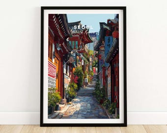 May include: A framed print of a narrow street in Seoul, South Korea, featuring traditional Korean architecture with red and brown buildings, lush greenery, and cobblestone pathways. The print includes the text "SEOUL South Korea" at the top.
