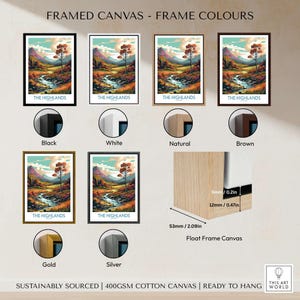 Framed canvas options for The Highlands Scotland Art Print including colors like Black, White, Natural, Brown, Gold, Silver.