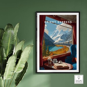 Orient Express Train Print | Vintage Rail Travel Decor in a framed setting with a scenic mountain view.