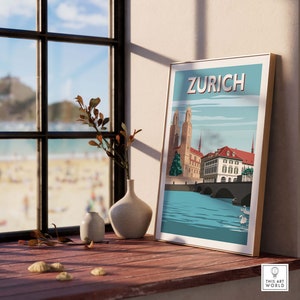 May include: A vintage-style travel poster with a blue background and white clouds. The poster features a cityscape of Zurich, Switzerland, with a river and bridge in the foreground. The text "ZURICH" is printed in bold, white letters at the top of the poster.
