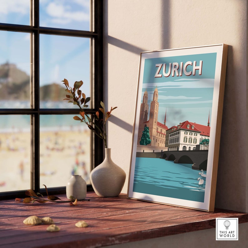 May include: A vintage-style travel poster with a blue background and white clouds. The poster features a cityscape of Zurich, Switzerland, with a river and bridge in the foreground. The text "ZURICH" is printed in bold, white letters at the top of the poster.