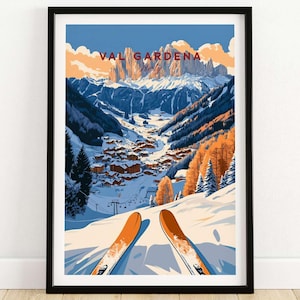 Stampa di viaggio sulla stazione sciistica Val Gardena, arte murale, arredamento per la casa Val Gardena, regalo Val Gardena, amanti dell'arte, Italia, regalo per amanti dell'arte, stampa artistica