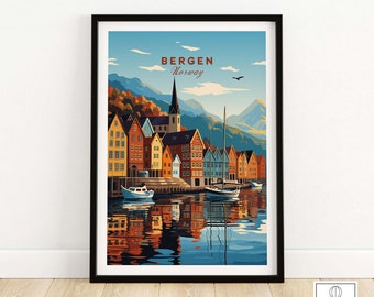 Bergen Norway Print Travel Poster | Birthday present | Wedding anniversary gift | Best Gift for Her | Pesonalized Wall Art Gift for Him