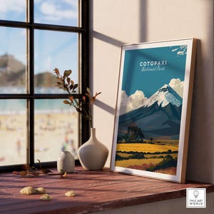 Cotopaxi National Park travel poster featuring snow-capped volcano and golden fields, ideal wall art for nature lovers.