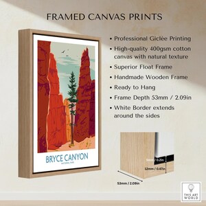 Framed Bryce Canyon National Park print on canvas with wooden float frame and product features.